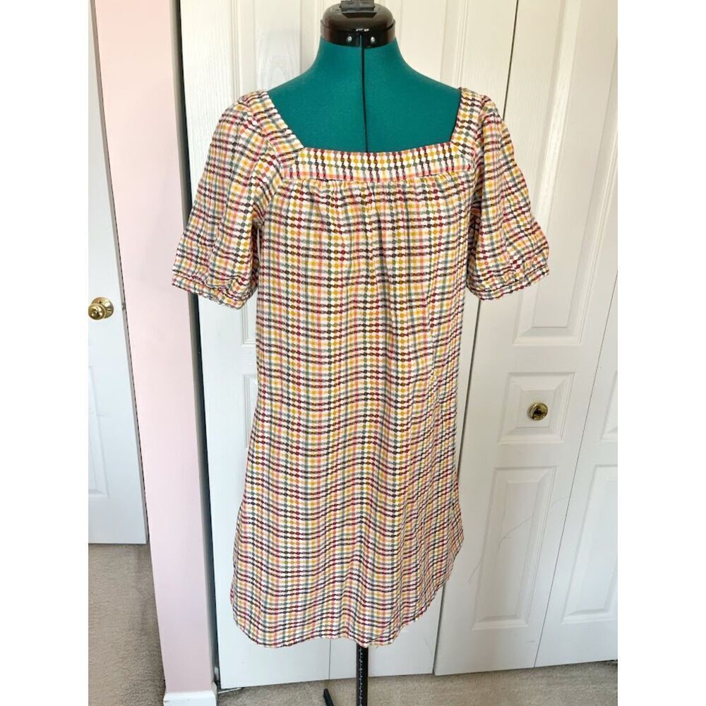 Old Navy Multicolor Plaid Dobby Gingham Puff Sleeve Textured Swing Dress - Picture 1 of 11
